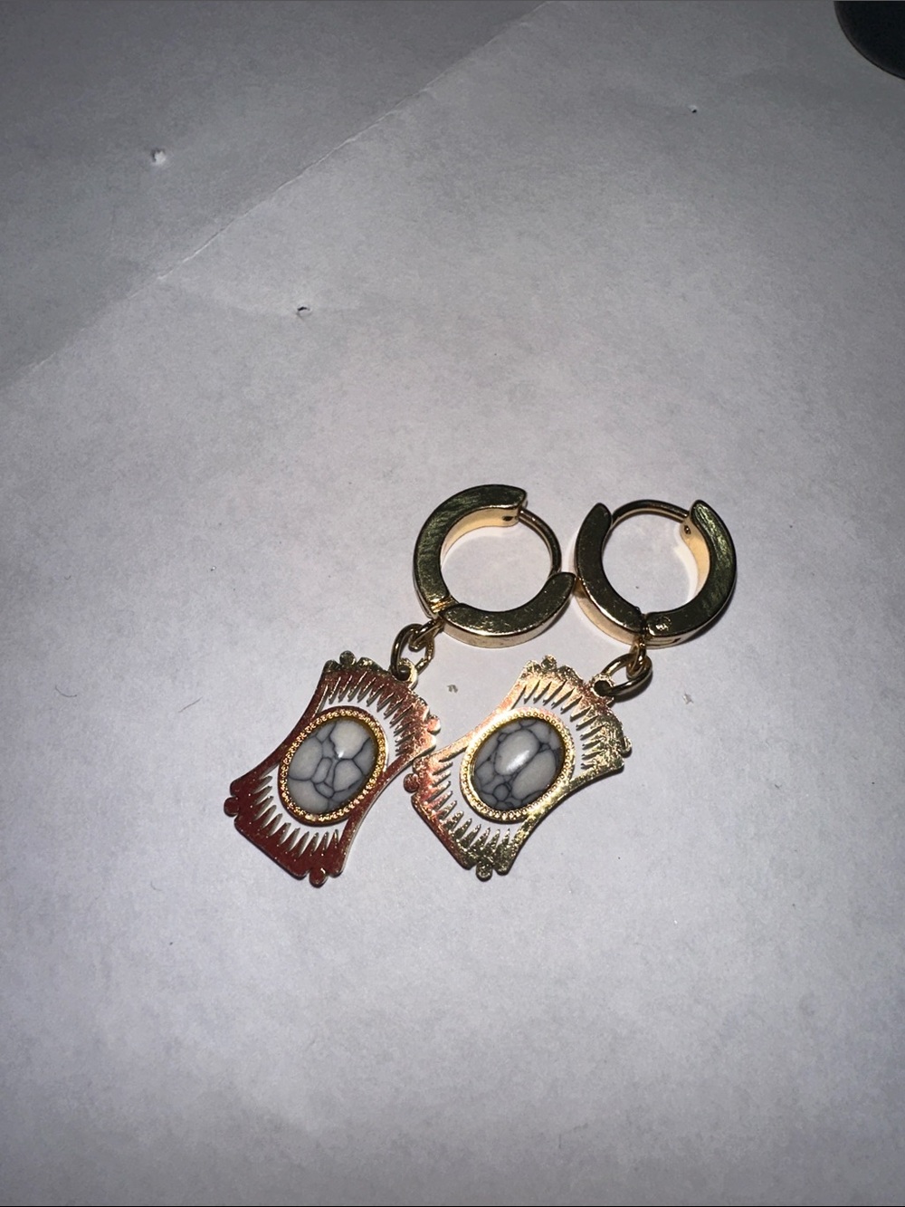 Gold Hoop Dangle Earrings with White Marbled Stone